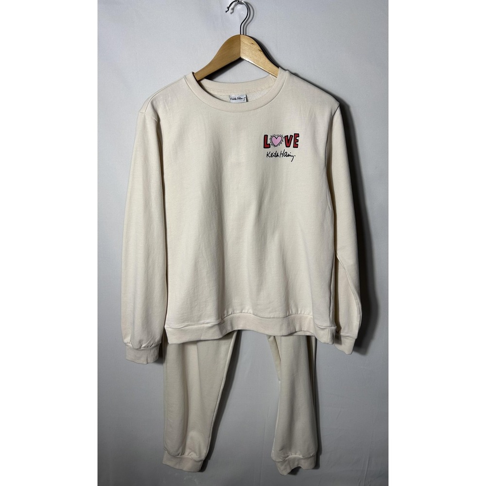 Keith Haring Lounge Set Womens Medium Beige Love Heart Fleece Sweatsuit 2 Piece